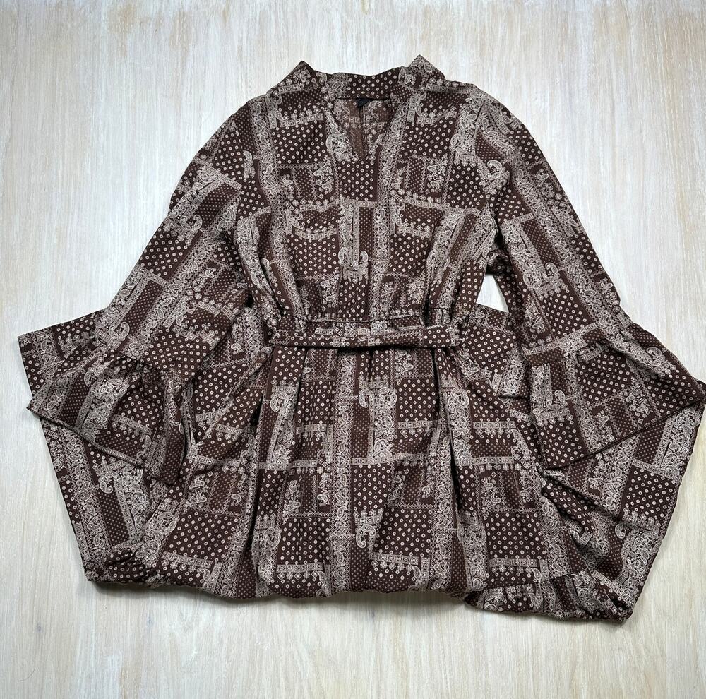 SHEIN Curve Brown Bandana Paisley Patchwork Boho Bell Sleeve Maxi Dress 3XL
